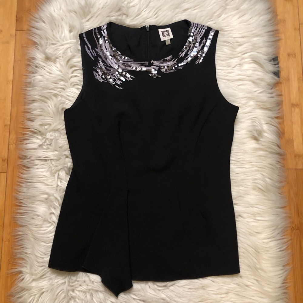 Anne Klein Embellished Beaded Sequins Embroidered Draped Metallic Black Top 10